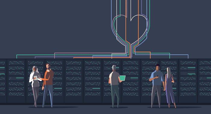 illustration of data center employees working and talking in front of a row of servers - the wires connected to the server hang from the ceiling in the shape of a heart